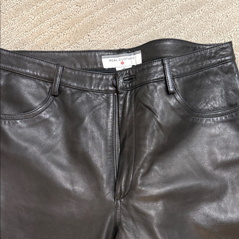Black Leather Straight-Leg Pants - (Brand Not Visible) - Picture 2 of 5